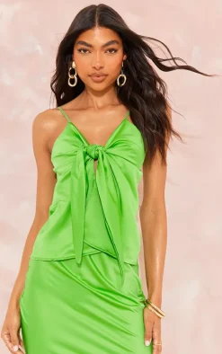 Tall Green Satin Tie Front Long Top