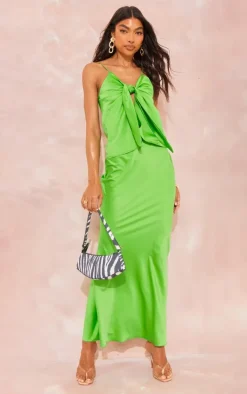 Tall Green Satin Tie Front Long Top