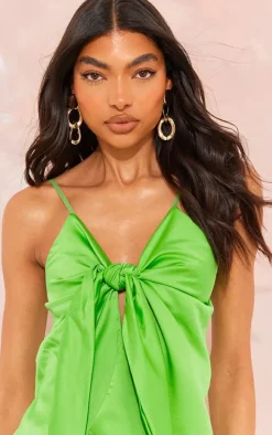 Tall Green Satin Tie Front Long Top