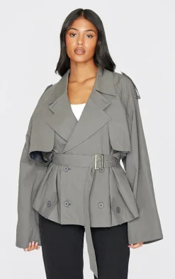 Tall Grey Cropped Oversized Trench Coat