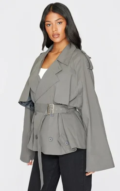 Tall Grey Cropped Oversized Trench Coat