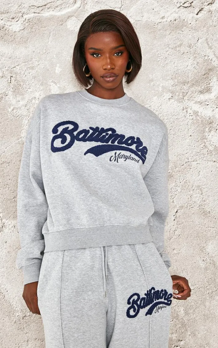 Tall Grey Marl Baltimore Borg Applique Detail Oversized Sweatshirt