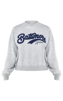 Tall Grey Marl Baltimore Borg Applique Detail Oversized Sweatshirt