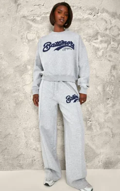 Tall Grey Marl Baltimore Borg Applique Detail Wide Leg Sweatpants