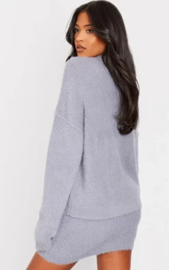 Tall Grey Marl Fluffy Knitted V Neck Sweater