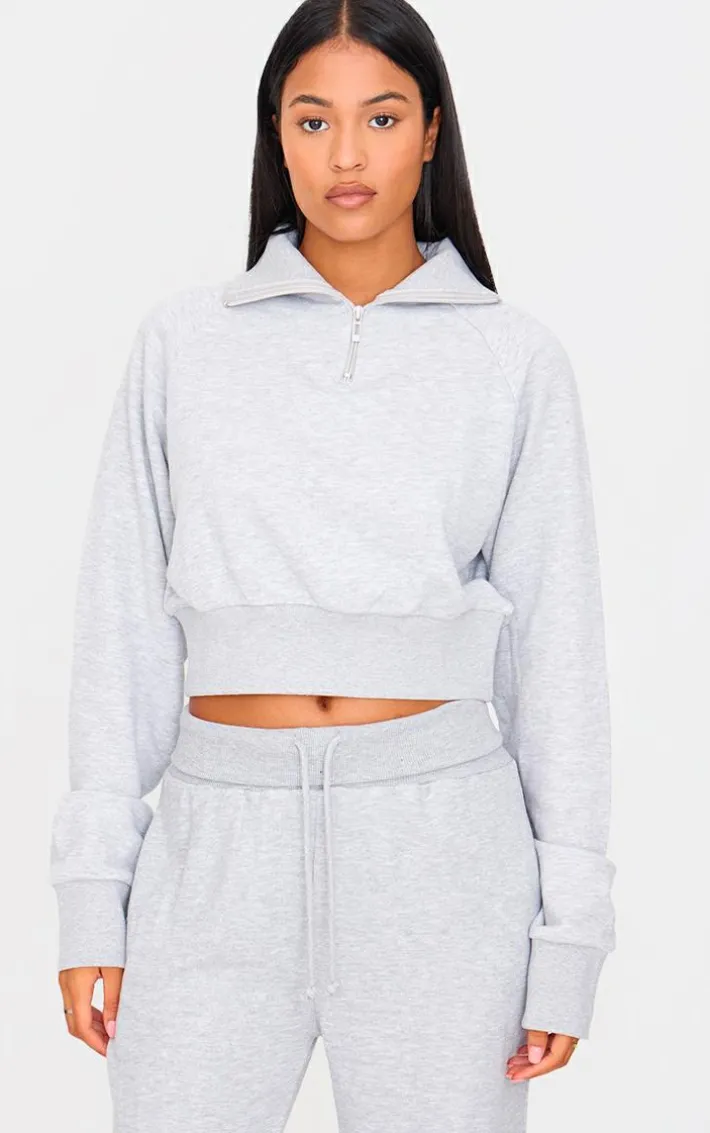 Tall Grey Marl Half Zip Cropped Sweatshirt