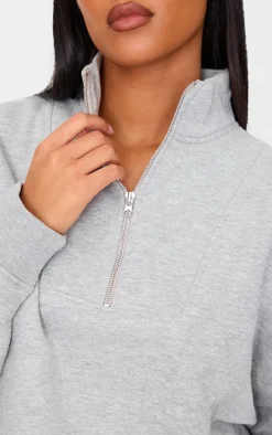 Tall Grey Marl Half Zip Crop Sweatshirt