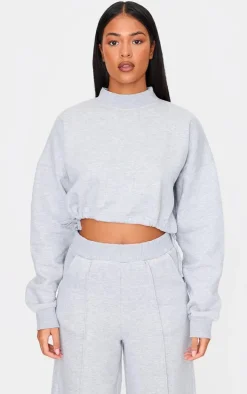 Tall Grey Marl High Neck Tie Waist Crop Sweatshirt