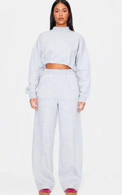 Tall Grey Marl High Neck Tie Waist Crop Sweatshirt