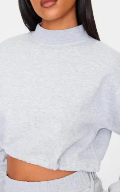 Tall Grey Marl High Neck Tie Waist Crop Sweatshirt