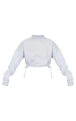 Tall Grey Marl High Neck Tie Waist Crop Sweatshirt