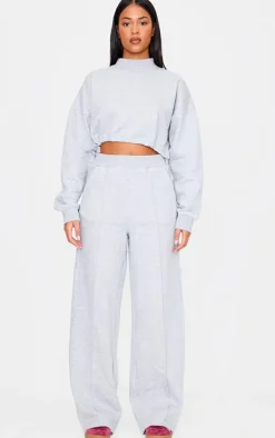 Tall Grey Marl Seam Detail High Waist Wide Leg Sweatpants