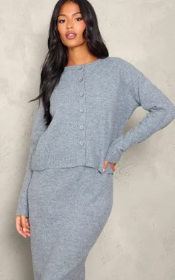 Tall Grey Melange Soft Knit Basic Button Up Cardigan