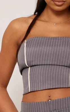 Tall Grey Pinstripe Bandeau Zip Up Top