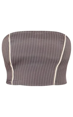 Tall Grey Pinstripe Bandeau Zip Up Top
