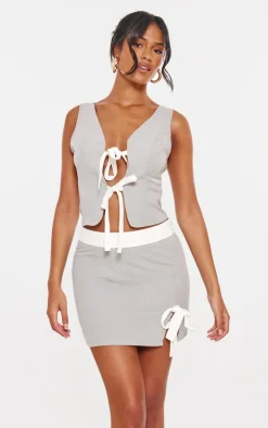 Tall Grey Pinstripe Bow Detail Mini Skirt