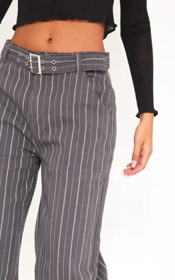 Tall Grey Pinstripe Low Rise Buckle Detail Jeans