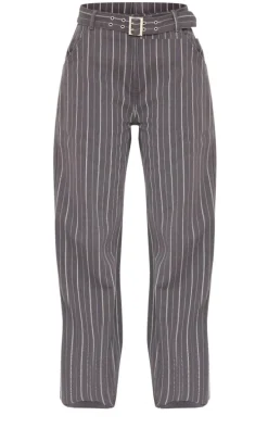 Tall Grey Pinstripe Low Rise Buckle Detail Jeans