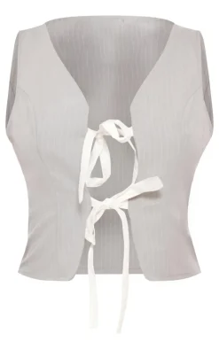 Tall Grey Pinstripe Open Tie Front Crop Top