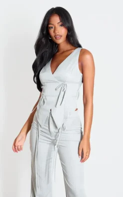 Tall Grey Pinstripe Tie Front Detail Crop Top