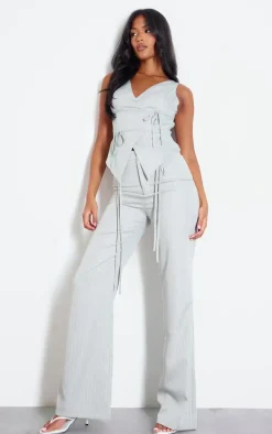 Tall Grey Pinstripe Tie Front Detail Crop Top