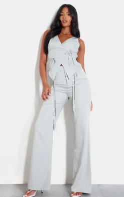 Tall Grey Pinstripe Tie Front Detail Straight Leg Pants