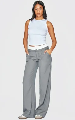 Tall Grey Premium Woven Double Waistband Tailored Pants