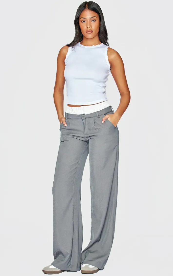 Tall Grey Premium Woven Double Waistband Tailored Pants
