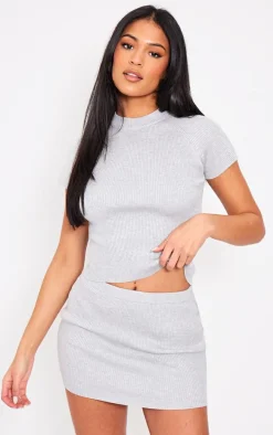 Tall Grey Rib Detail Knit Micro Mini Skirt