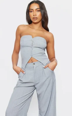 Tall Grey Woven Bandeau Button Up Top