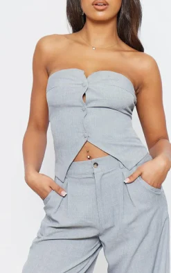 Tall Grey Woven Bandeau Button Up Top