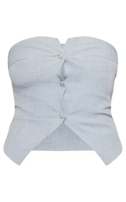 Tall Grey Woven Bandeau Button Up Top