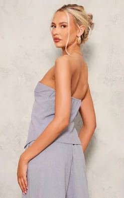 Tall Grey Woven Bandeau Button Down Top