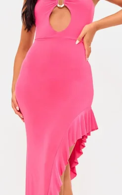 Tall Hot Pink Slinky Ruffle Trim Midaxi Dress