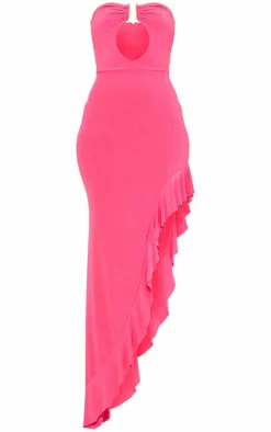 Tall Hot Pink Slinky Ruffle Trim Midaxi Dress