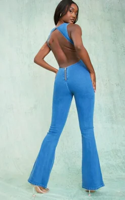 Tall Indigo Blue Wash Backless Stretch Denim Jumpsuit