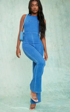 Tall Indigo Blue Wash Backless Stretch Denim Jumpsuit