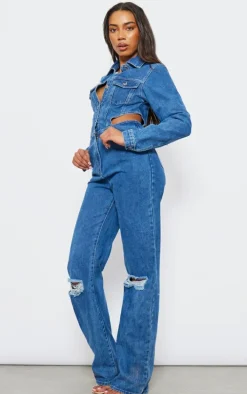 Tall Indigo Blue Wash Denim Cut Out Jumpsuit