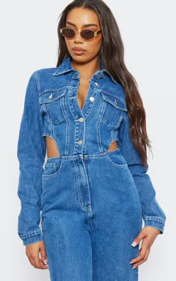 Tall Indigo Blue Wash Denim Cut Out Jumpsuit