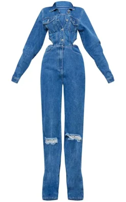 Tall Indigo Blue Wash Denim Cut Out Jumpsuit