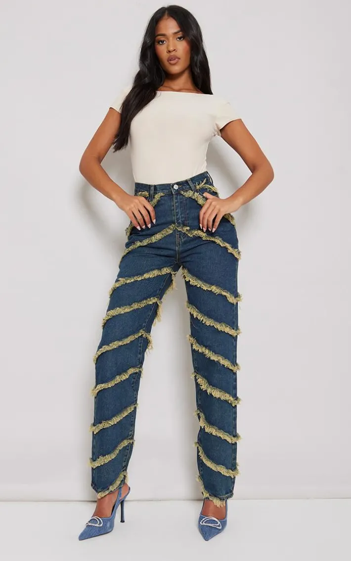 Tall Indigo Vintage Wash Fray Detail High Waist Wide Leg Jeans