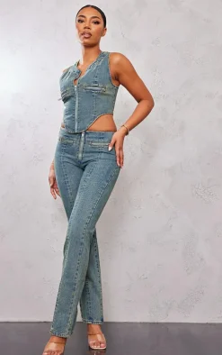 Tall Indigo Vintage Wash Zip Detail Denim Corset Top