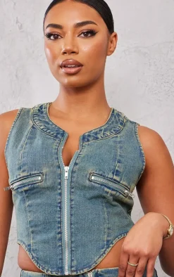 Tall Indigo Vintage Wash Zip Detail Denim Corset Top