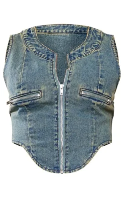 Tall Indigo Vintage Wash Zip Detail Denim Corset Top