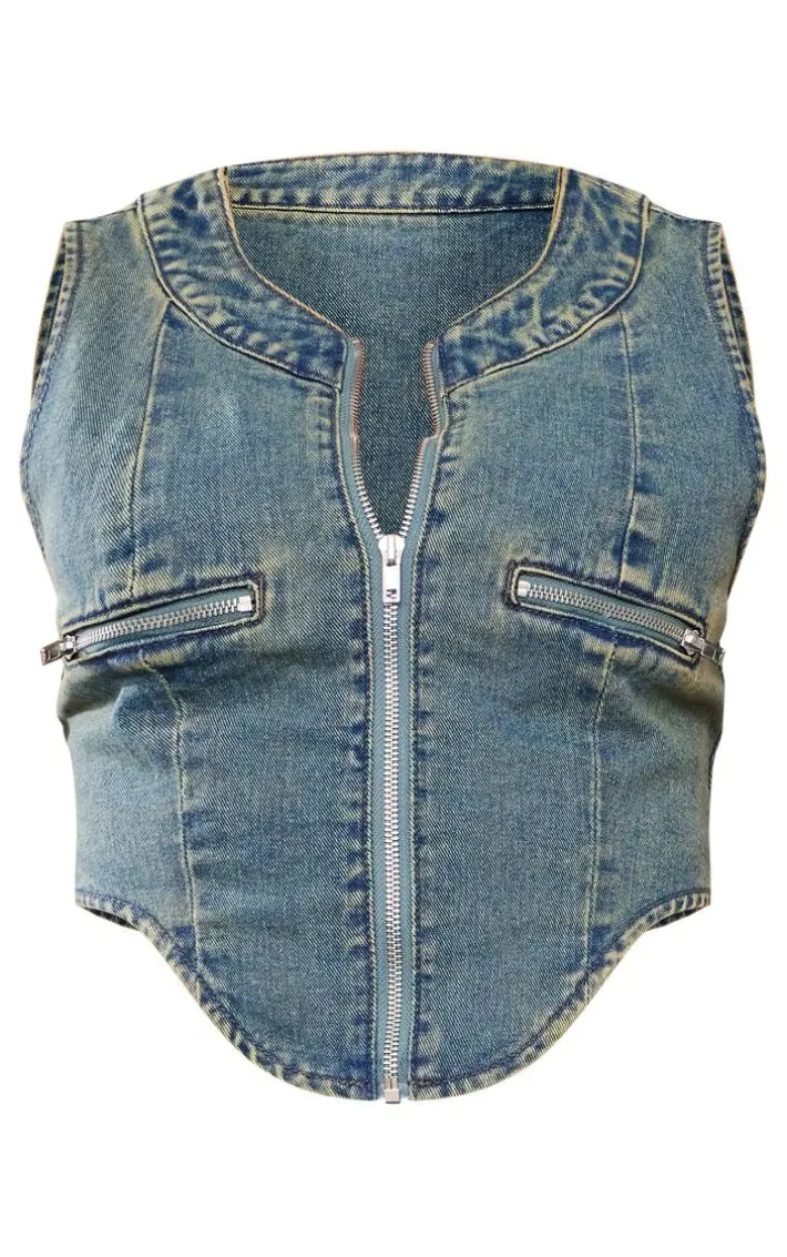 Tall Indigo Vintage Wash Zip Detail Denim Corset Top