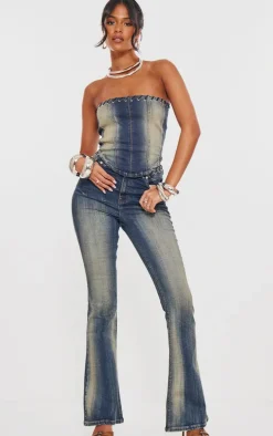 Tall Indigo Vintage Wash Mid Rise Eyelet Detail Flared Jeans