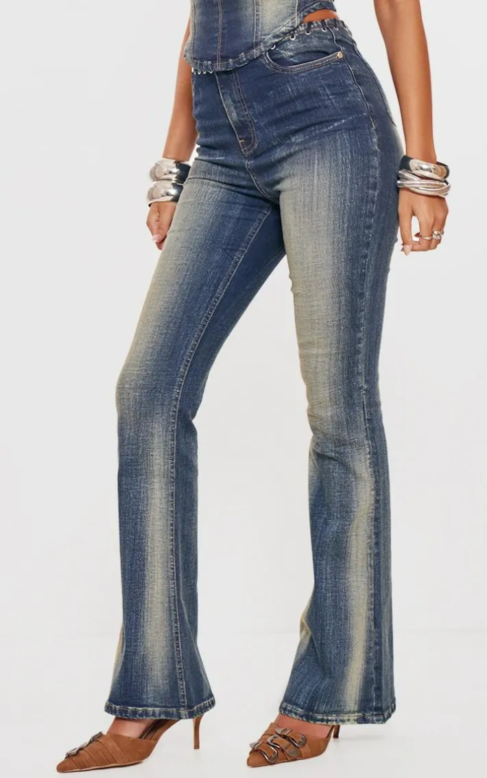 Tall Indigo Vintage Wash Mid Rise Eyelet Detail Flared Jeans