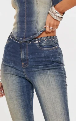 Tall Indigo Vintage Wash Mid Rise Eyelet Detail Flared Jeans