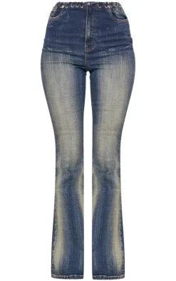 Tall Indigo Vintage Wash Mid Rise Eyelet Detail Flared Jeans