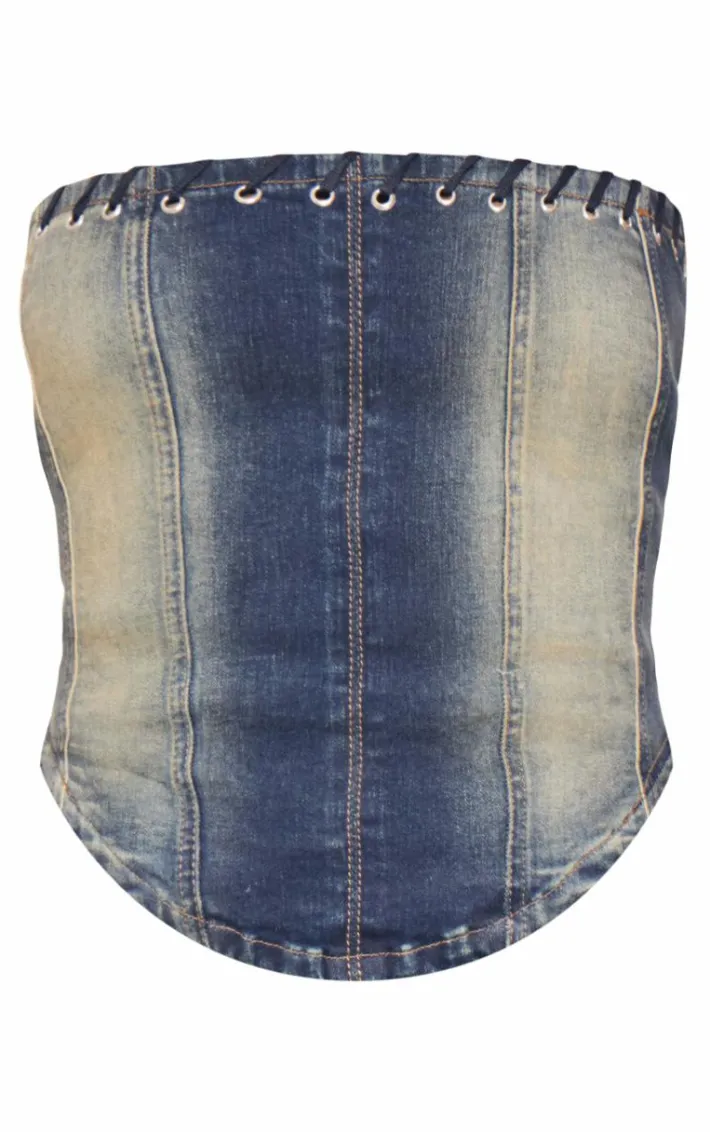 Tall Indigo Vintage Wash Eyelet Detail Denim Corset Top